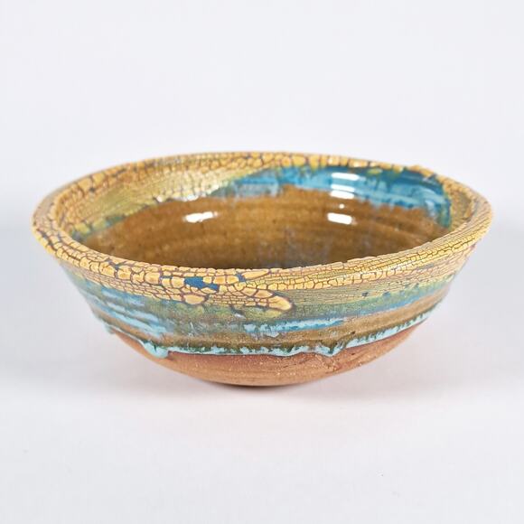 Cathy Veblen Anthro Pottery Bowl Yellow Turquoise Blue Corrales New Mexico 2007 - Picture 4 of 9